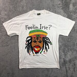Cotton Club Youth L Rastafarian Feelin Irie T-Shirt White Barbados 90s Vintage